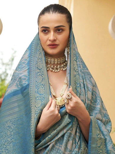 Memorable Sky-Blue Digital Printed Silk Function Wear Saree With Blouse